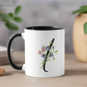 Letter " I " Monogrammed Black Script Floral  Mug
