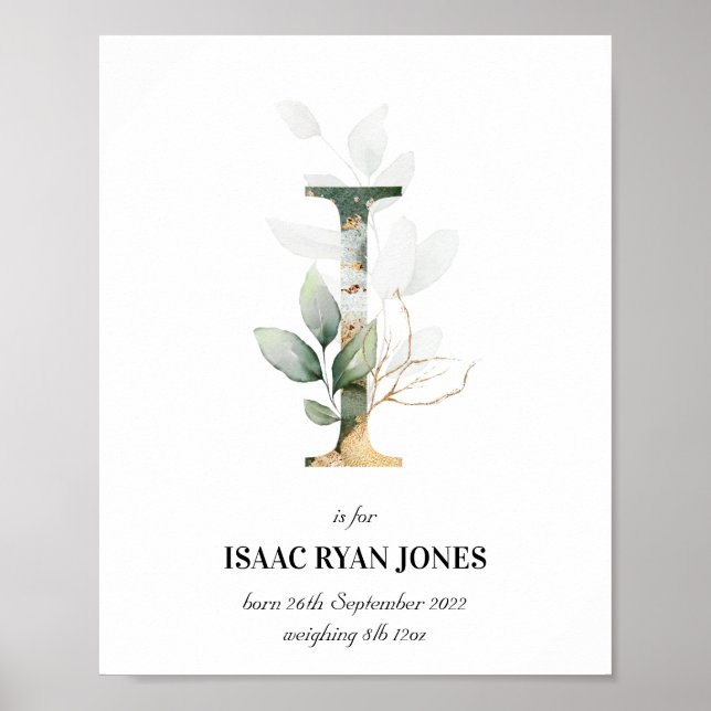 Letter I New Baby Monogram Birth Print Greenery (Front)