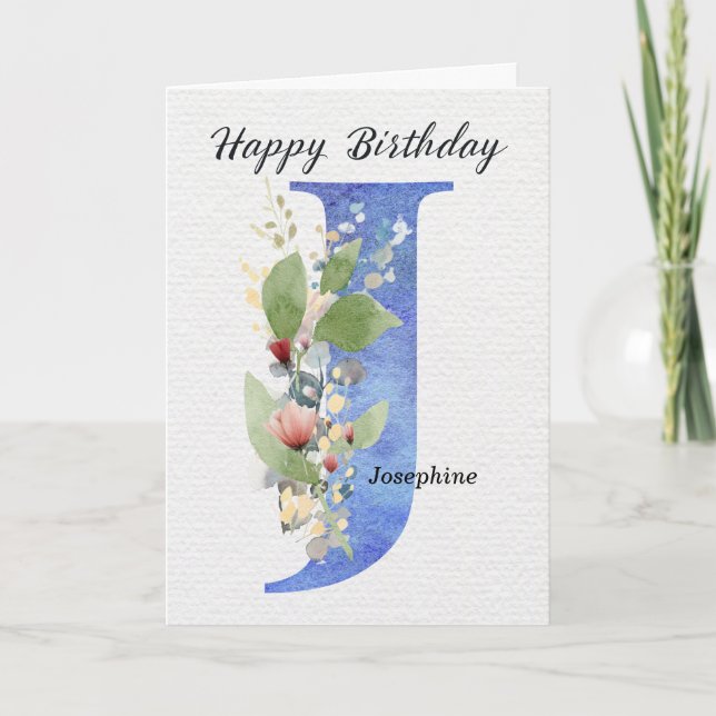 Letter J Birthday Custom Name Her Blue Monogram Card (Front)