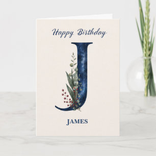Letter J Birthday for Him Personalised Name Blue Card