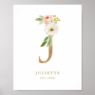 Letter J Blush Floral Monogram Gold Foil Nursery  Poster