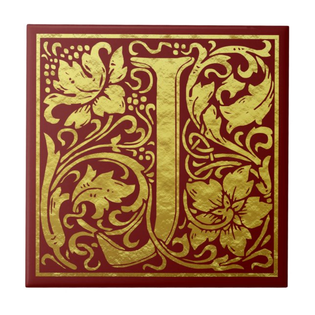 Letter J First Letter Faux Gold Red Tile (Front)