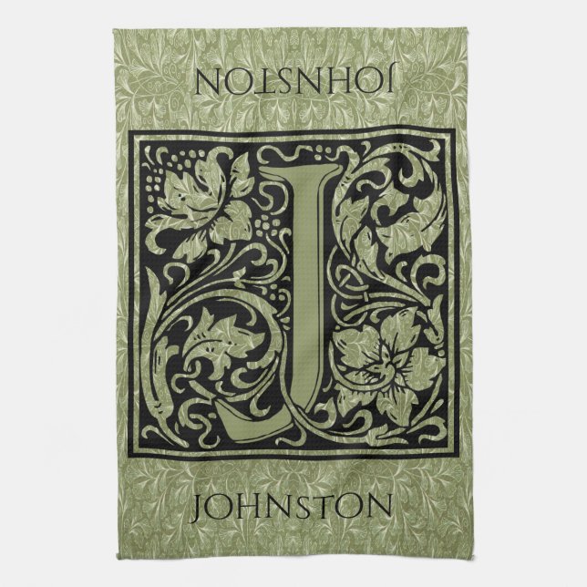 Letter J First Letter Monogram Personalised Tea Towel (Vertical)