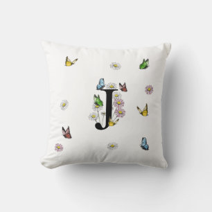 Letter J Floral Butterfly Monogram Initial   Cushion