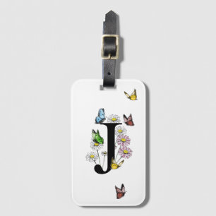 Letter J Floral Butterfly Monogram Initial  Luggage Tag