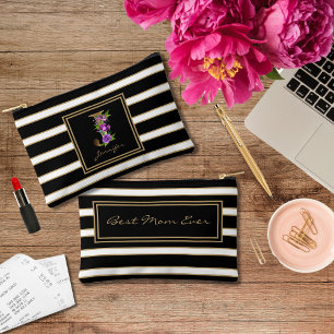 Letter J Floral Monogram Black White Gold Stripes Accessory Pouch