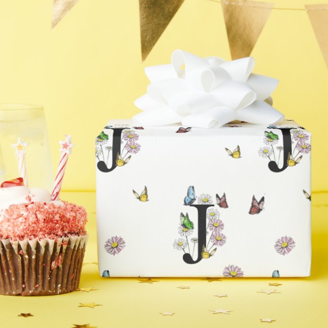 Letter J Floral Watercolor Butterfly Monogram  Wrapping Paper (Birthday Party)