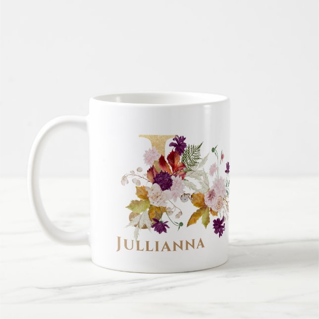 Letter J - Gold Floral Name sister coworker friend Coffee Mug (Left)