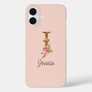 Letter J Gold Monogram Blush Pink Roses iPhone 16 Plus Case