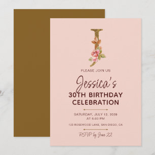 Letter J Gold Monogram Blush Pink Roses Invitation