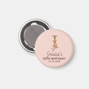 Letter J Gold Monogram Blush Pink Roses Magnet