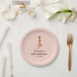 Letter J Gold Monogram Blush Pink Roses Paper Plate