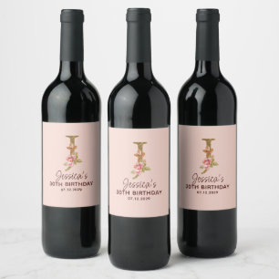 Letter J Gold Monogram Blush Pink Roses Wine Label