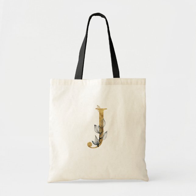 *~* Letter J Gold Monogram Initial Black Leaves Tote Bag (Front)