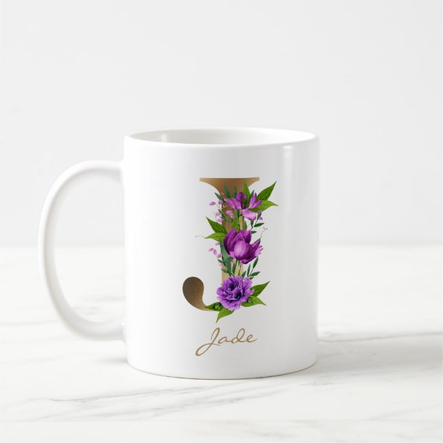 Letter J Gold Monogram | Purple Green Floral Coffee Mug (Left)