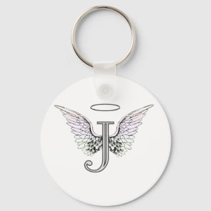 Letter J Initial Monogram with Angel Wings & Halo Key Ring