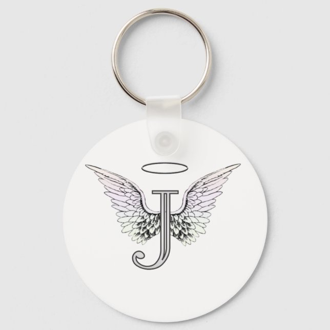 Letter J Initial Monogram with Angel Wings & Halo Key Ring (Front)