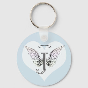 Letter J Initial Monogram with Angel Wings & Halo Key Ring