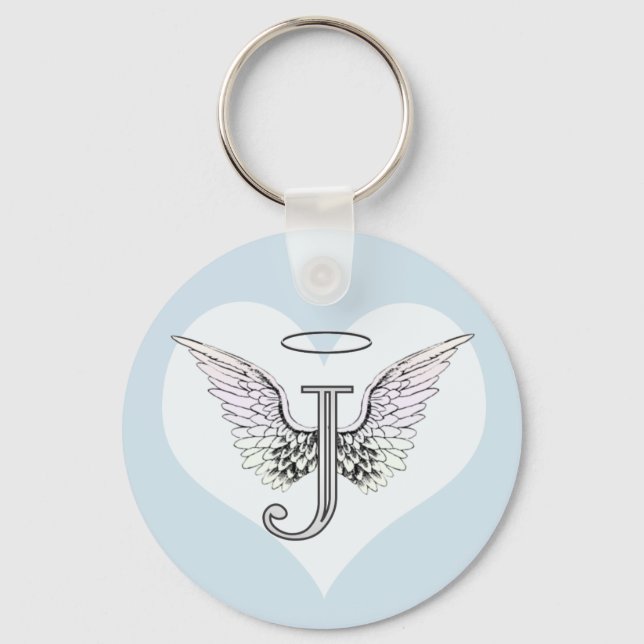 Letter J Initial Monogram with Angel Wings & Halo Key Ring (Front)