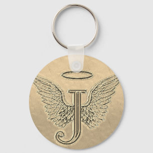 Letter J Initial Monogram with Angel Wings & Halo Key Ring