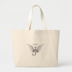 Letter J Initial Monogram with Angel Wings & Halo Large Tote Bag
