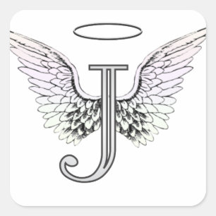 Letter J Initial Monogram with Angel Wings & Halo Square Sticker