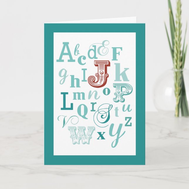 Letter J Initial Name Alphabet Birthday Teal & Red Card (Front)