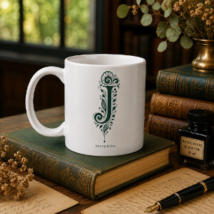 Letter J Linocut Botanical Personalised Mug