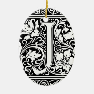 Letter J Mediaeval Monogram Art Nouveau Ceramic Tree Decoration