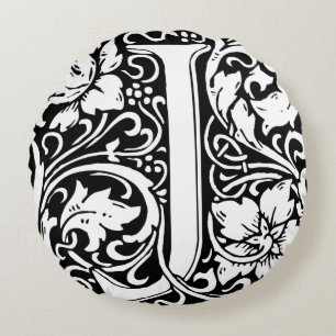 Letter J Mediaeval Monogram Art Nouveau Round Cushion