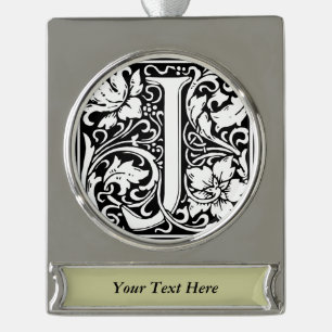 Letter J Mediaeval Monogram Art Nouveau Silver Plated Banner Ornament