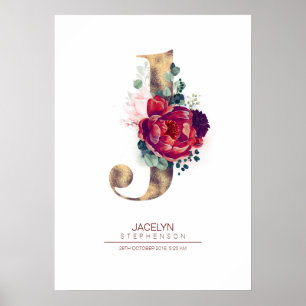 Letter J Monogram Floral Burgundy Red and Gold Poster
