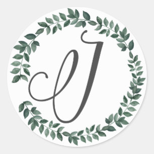 Letter J Monogram Minimalist Botanical Leaf Wreath Classic Round Sticker