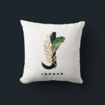 Letter J Monogram Palm Leaves Tropical Cushion<br><div class="desc">Customisable letter J monogram pillow featuring watercolor tropical palm leaf,  faux gold foil leaf and black watercolor brush accents. Personalise this tropical monogram pillow by adding your name or other details. This boho letter J monogram pillow will be perfect as a gift. Other letters are available.</div>