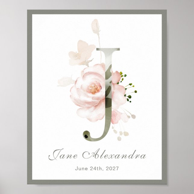 Letter J Monogram Pink White Floral Nursery Poster (Front)