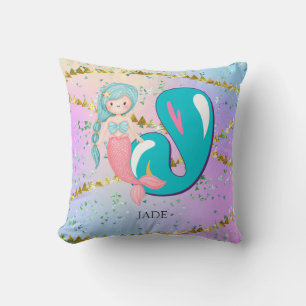 Letter J Monogram Watercolor Cute Mermaid Nursery Cushion