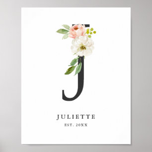 Letter J Monogram Watercolor Peach Florals Nursery Poster