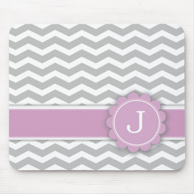 Letter J Pink Monogram Grey Chevron Mouse Mat (Front)