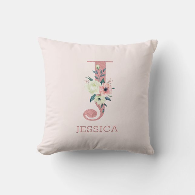 Letter J Pink Watercolor Floral Monogram Nursery Cushion (Front)