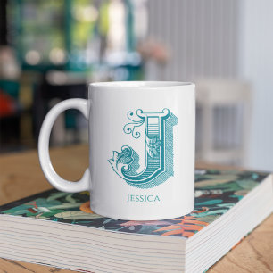 Letter J Teal Monogram Modern Name Coffee Mug