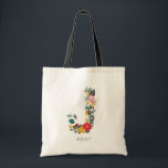 Letter J | Whimsical Floral Letter Monogram I Tote Bag<br><div class="desc">Whimsical,  festive and elegant floral letter monogram tote bag featuring flowers in foliage in red,  green,  gold and grey. Other colours and letters are available. Letter J</div>