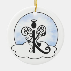 Letter K Alphabet Initial Monogram w Angel Clouds Ceramic Tree Decoration