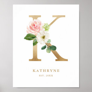 Letter K Blush Floral Monogram Gold Foil Nursery  Poster