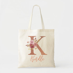 Letter k Blush pink Glitter Floral Monogram Tote Bag