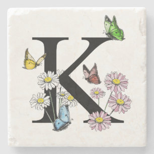  Letter K Botanical Watercolor Butterfly Monogram  Stone Coaster