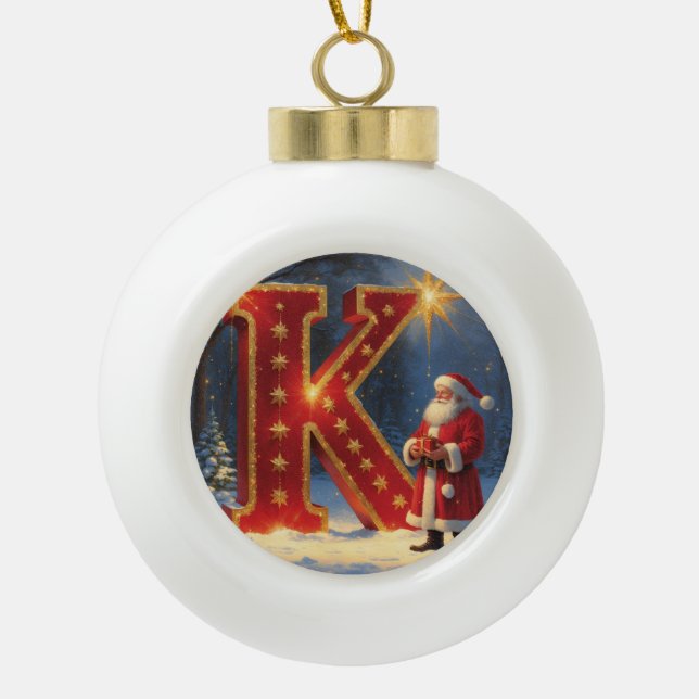 Letter K Christmas Santa Personalized Initial Ceramic Ball Christmas Ornament (Front)