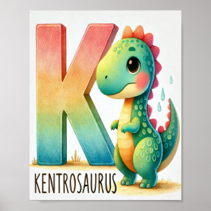 Letter K, Dinosaur Alphabet Watercolor Poster