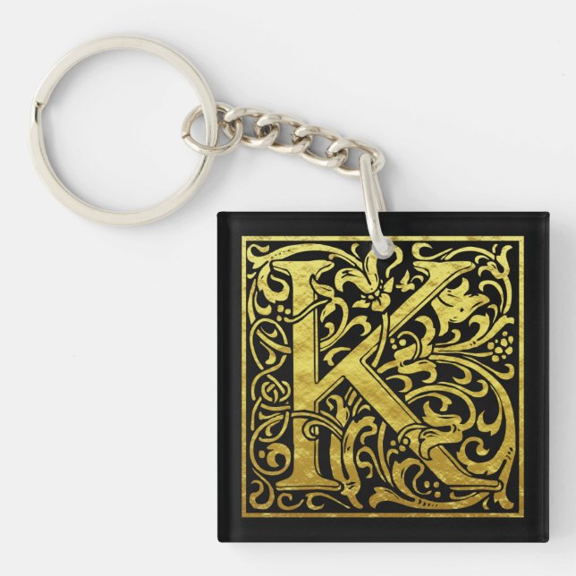 Letter K First Letter Faux Gold and Black Key Ring (Front)