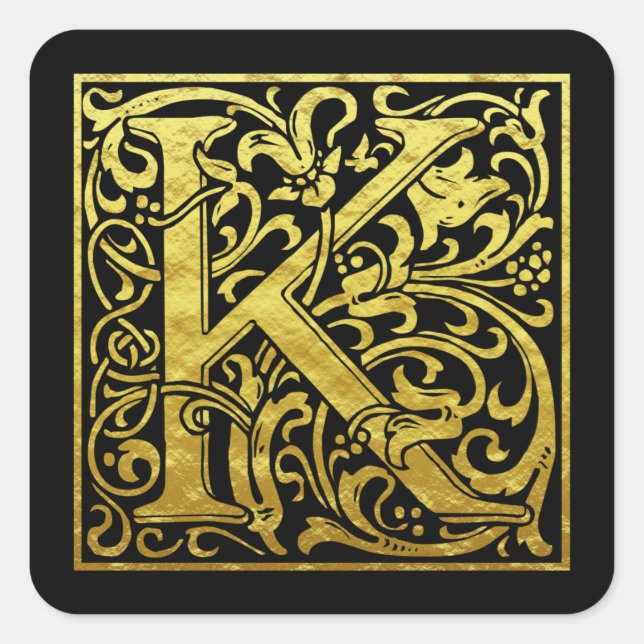 Letter K First Letter Faux Gold black Square Sticker (Front)