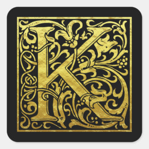 Letter K First Letter Faux Gold black Square Sticker